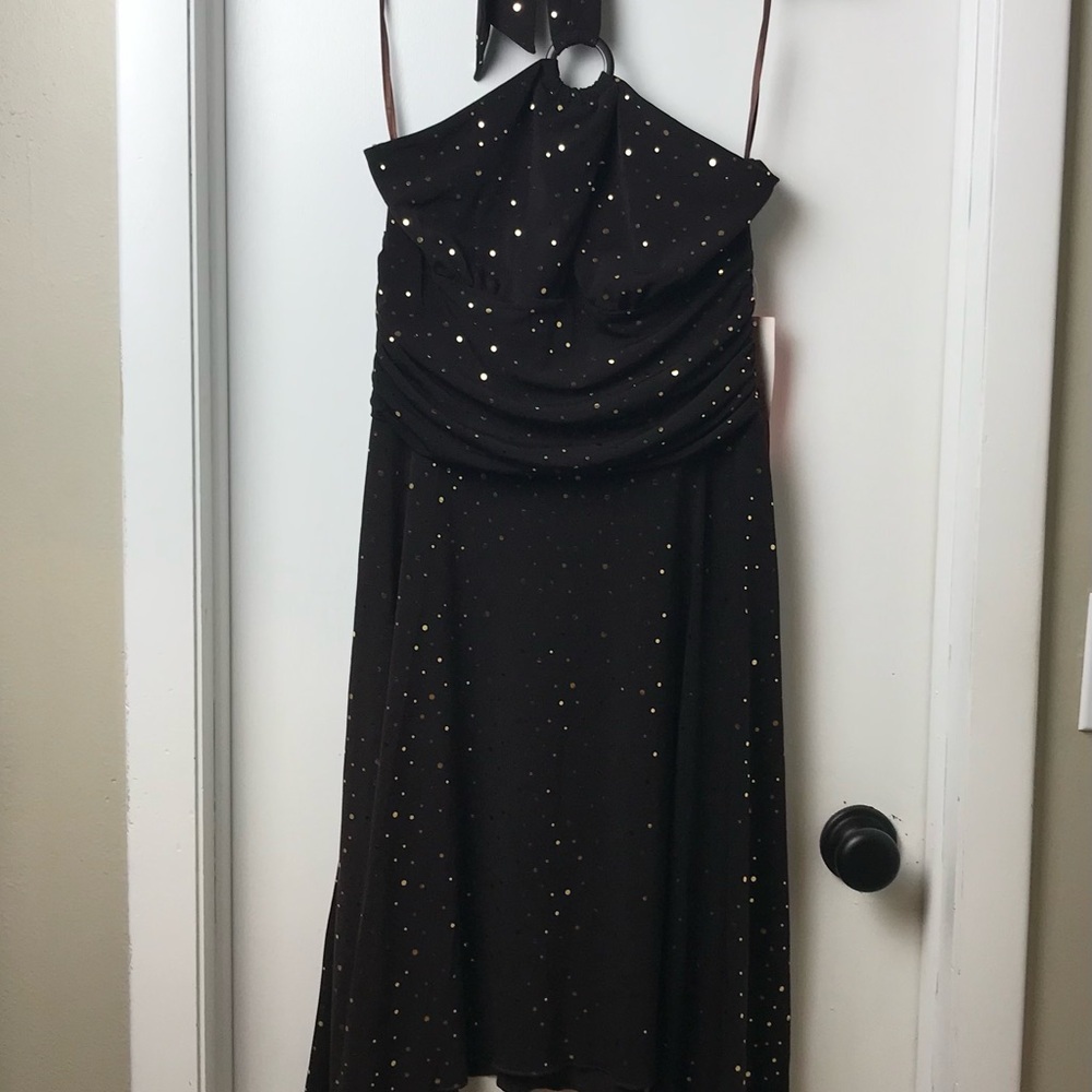 EnFocus Studio gold Sequins Asymmetrical Ruched Halter Dress Size 10 NWOT